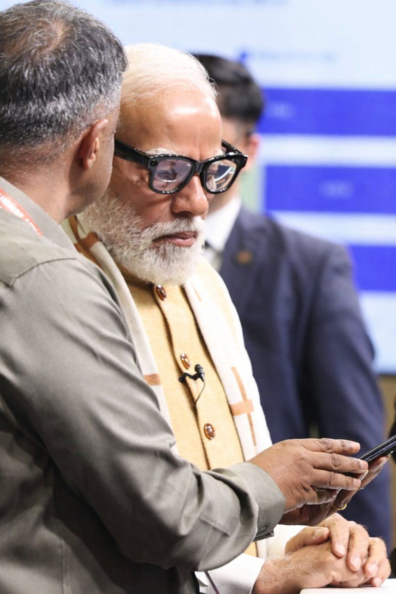 Prime Minister of India testing Sarvam Kaze glasses at the AI India Summit