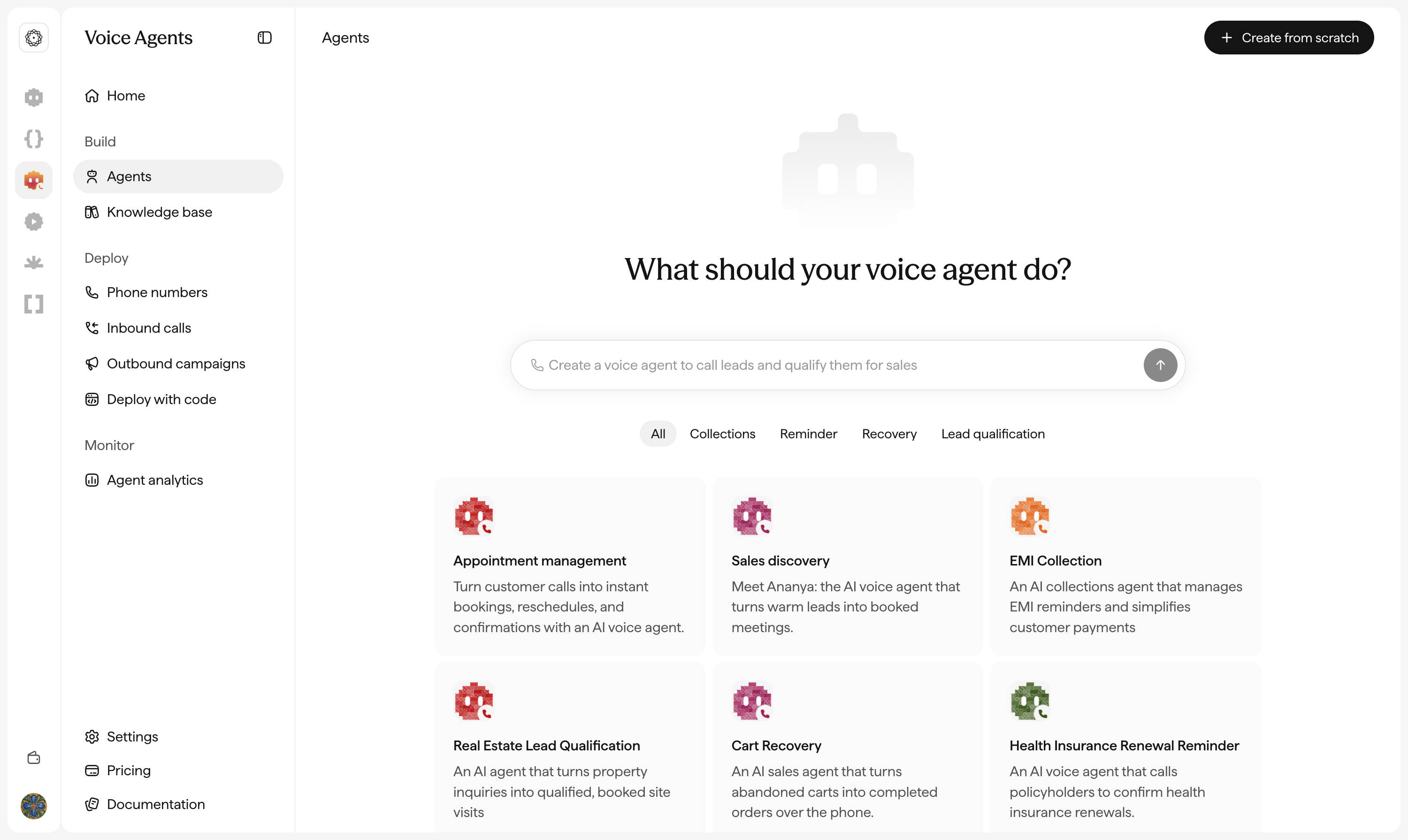 Voice Agents analytics dashboard with call distributions, conversation insights, and language breakdown