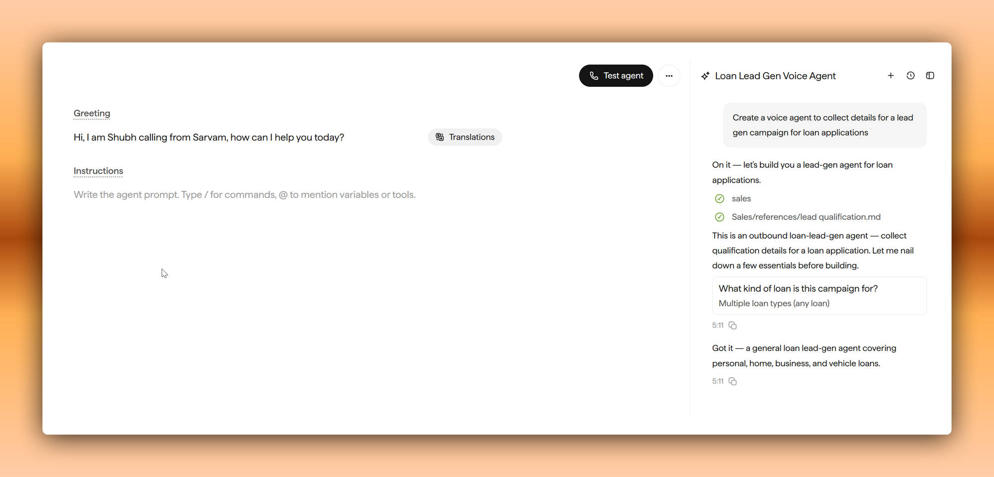 Genie drafts the agent from a conversation
