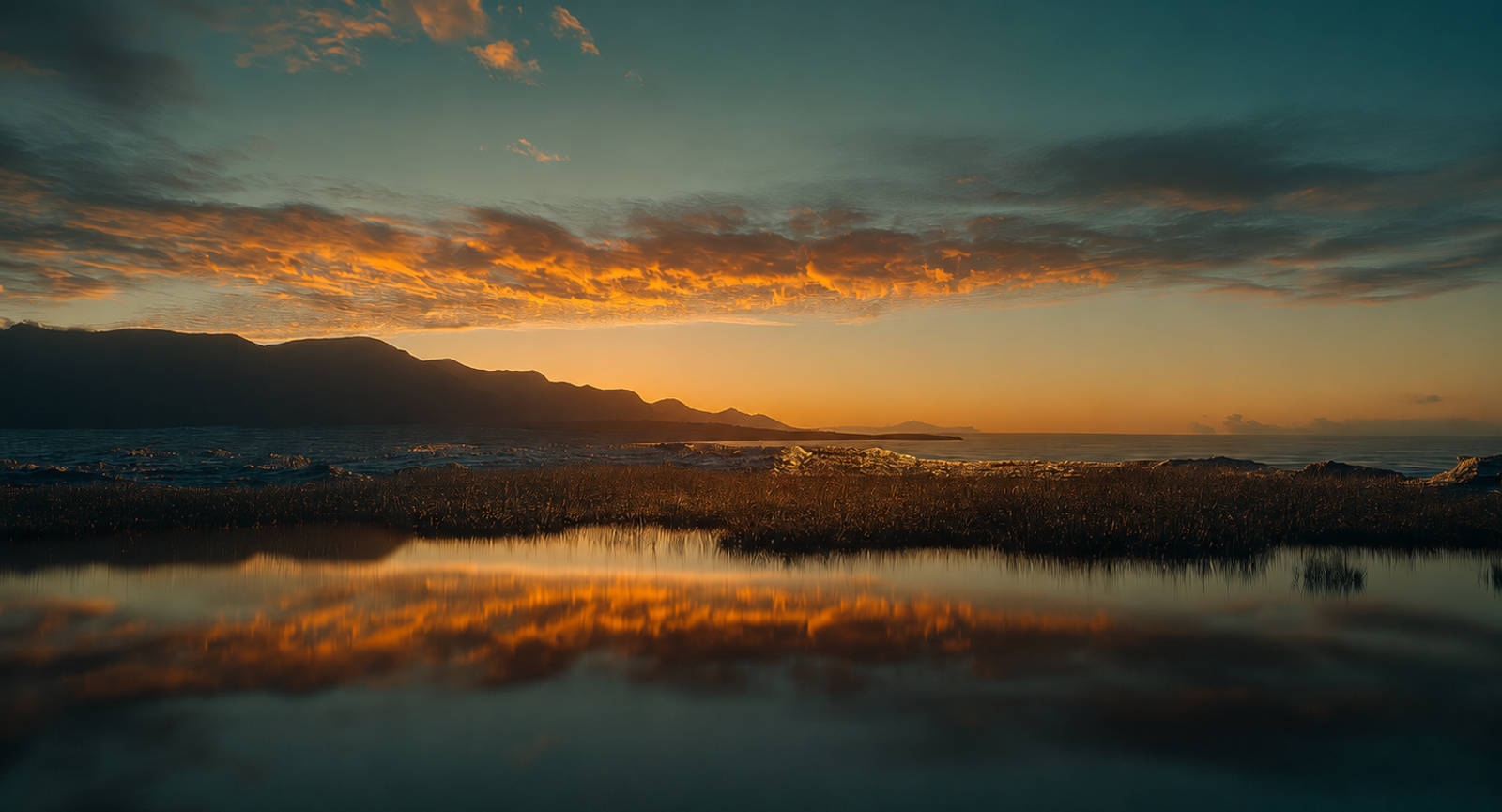Golden sunset reflecting on still water with mountains silhouetted against an orange sky