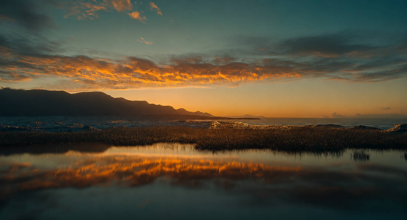 Golden sunset reflecting on still water with mountains silhouetted against an orange sky